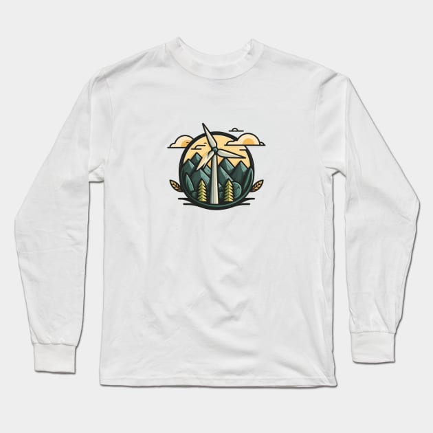 Greenbubble's Wind Turbine Cartoon Print - Plant a Tree for the Planet! Long Sleeve T-Shirt by Greenbubble